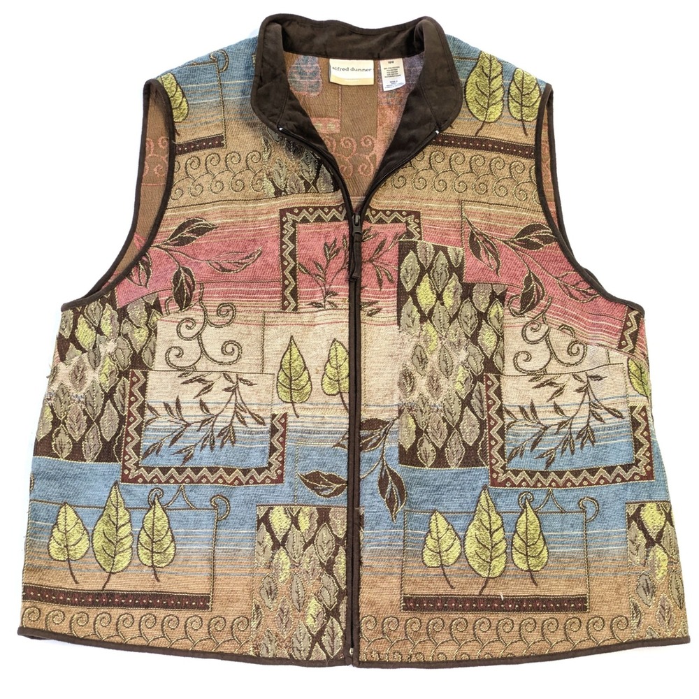Alfred Dunner Woman Tapestry Vest Multi-Color Leaf Pattern Full Zip Size 18W